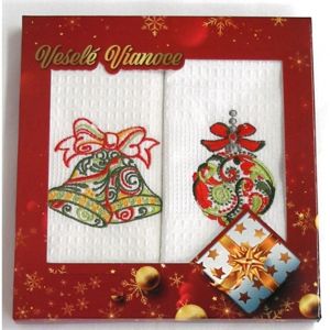 Bavlnené utierky Vianoční Darčekové balenie, Vianoce krémová Zvončeky s gulí, sada 2 ks, 50 x 70 cm